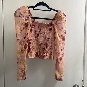 Express pink flower crop top with sheer sleeves size XS